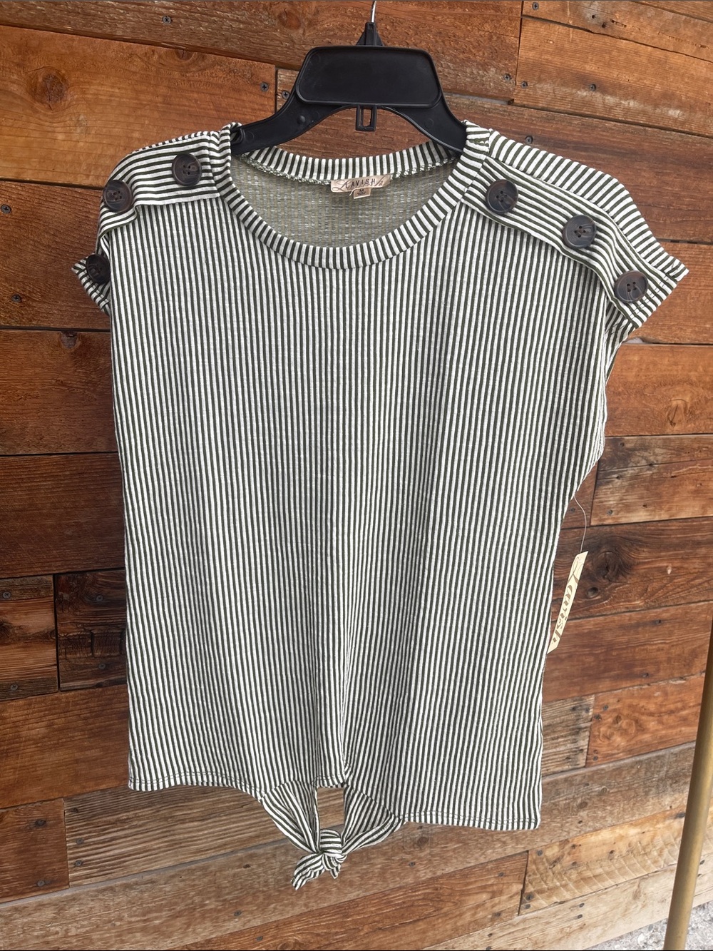 Lavish Olive Green White Striped Button Shoulder Tie Front Top Size M NWT